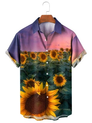 Men's Casual Lapel Sunflower Printed Short Sleeve Shirt 50136012M