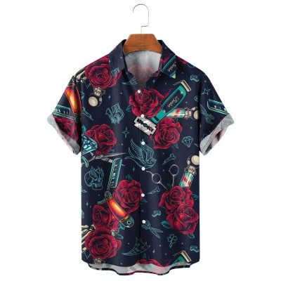 Barbershop Vintage Colorful Pattern Hawaiian Short Sleeve Shirt