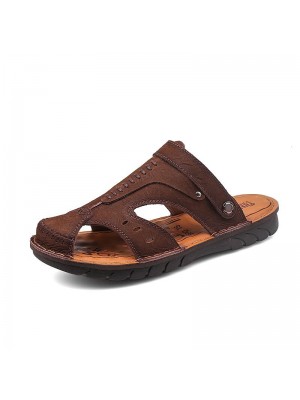 Men Closed Toe Cowhide Leather Slip On Outdoor Casual Slipper Sandals